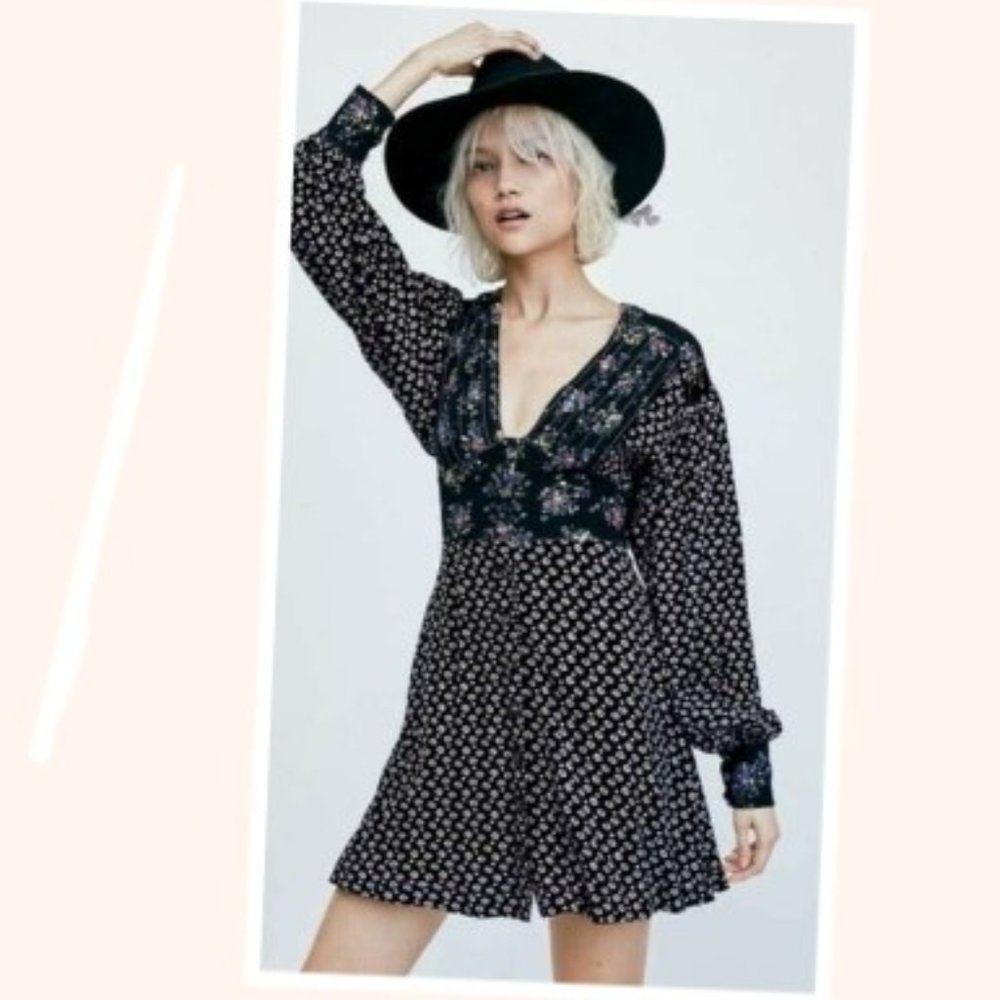 Free People Womens Wonderland Floral Printed A-Line Mini Dress Size L